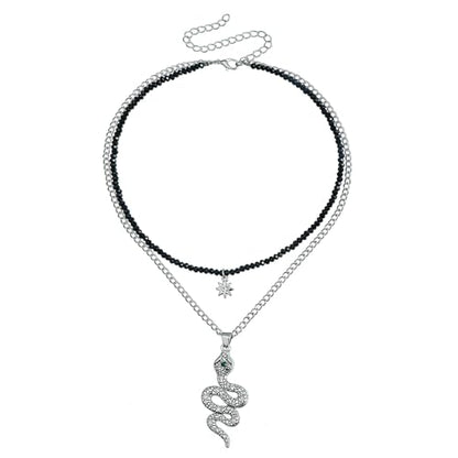 Snake Necklace for Women, Gothic Layered Chain with Star & Black Beads, Silver Tone Vintage Punk Choker for Daily & Party Wear