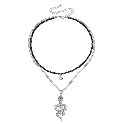 Snake Necklace for Women, Gothic Layered Chain with Star & Black Beads, Silver Tone Vintage Punk Choker for Daily & Party Wear