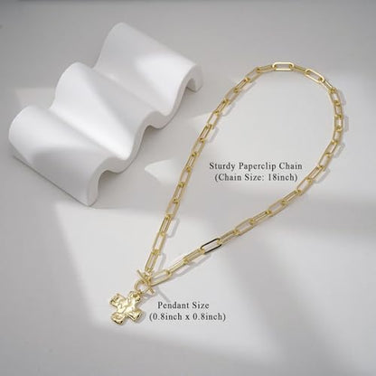 Bheop Chunky Cross Necklace for Women, 14K Gold Silver Statement Necklace | Sturdy Paperclip Chain, Hammered Pendant, Vintage Charm, Trendy Costume Jewelry, Faith Christian Religious Gift, Non Tarnish - style: GD-Toggle Necklace(0.8 inch Pendant)
