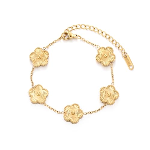 TICVSS Four Leaf Clover Bracelet for Women 18K Gold Plated Stainless Steel Lucky 4 Leaf Gold Link Bracelet Jewelry Gift for Women - color: Gold