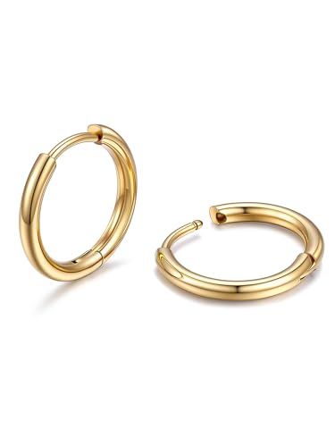 PROSTEEHoop Earrings for Men Women Stainless Steel Silver/Black/14K Gold | Waterproof & Lightweight Sleeper Small Huggie Earring Hypoallergenic Post Cartilage Piercing Jewelry for Mens Dad Gift Box - color: A. Round-14K Gold, size: 12mm