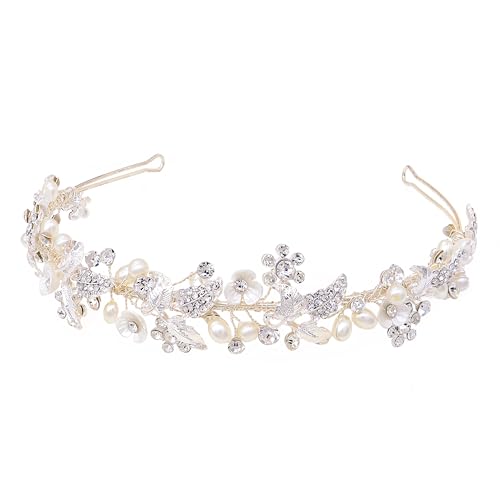 Oriamour Rhinestone Bridal Headband With Pearls Handmade Crystal Wedding Headpieces for Brides Wedding Hair Accessories for Bridesmaid Flower (Silver, 15'') - color: Silver