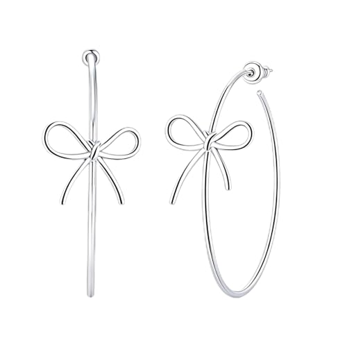 OwMell Large Hoop Earrings for Women 925 Sterling Silver Post 14K Gold Plated Big Hoops Earrings Trendy Pearl Cubic Zirconia Hoop Earrings - color: Bowknot Silver