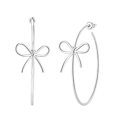 OwMell Large Hoop Earrings for Women 925 Sterling Silver Post 14K Gold Plated Big Hoops Earrings Trendy Pearl Cubic Zirconia Hoop Earrings - color: Bowknot Silver