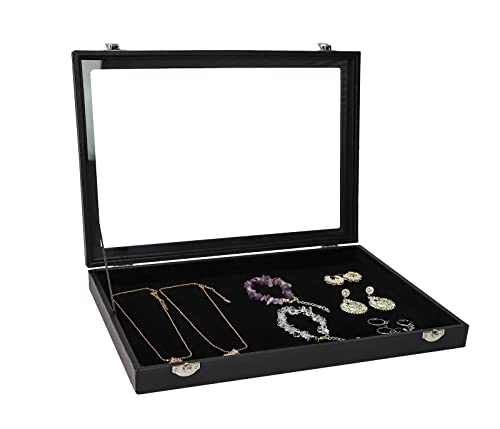 Wudygirl Leather Jewelry Organizer Tray with Lid 13.7"x9.4" Black | Empty Jewelry Organizer with Velvet Liner, Ideal for Jewelry Storage, Dresser Drawer or Gift, Dustproof Design - style: Empty Tray