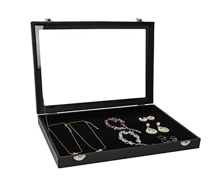 Wudygirl Leather Jewelry Organizer Tray with Lid 13.7"x9.4" Black | Empty Jewelry Organizer with Velvet Liner, Ideal for Jewelry Storage, Dresser Drawer or Gift, Dustproof Design - style: Empty Tray