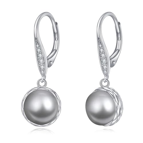 925 Sterling Silver 8mm Pearl Dangle Drop Earrings Moonstone Larimar Opal Rose Quartz Black Pearl Leverback Earrings for Women Christmas Gifts for Her - style: Black Pearl Earrings A