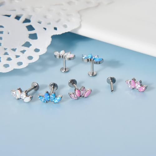 Lantine G23 Titanium Helix Piercing Jewelry Opal 16g Flat Back Stud Earrings Climber Labret Cartilage Tragus Daith Piercing Jewelry - color: Pink Opal+Cz, size: 16g 6mm