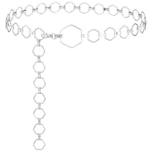 SUOSDEY Gold Silver Waist Chain Belt for Women,Fashion Metal Adjustable Chain Belts for Dresses - color: 11-silver(hexagon), size: Fit for Waist up to 44 inches