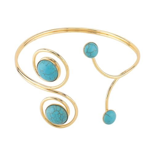 XAM Retro Turquoise Geometric Open Cuff Bracelet - Metal Arm Bands with Stone Inlays for Women, Bohemian Festival Jewelry - color: B