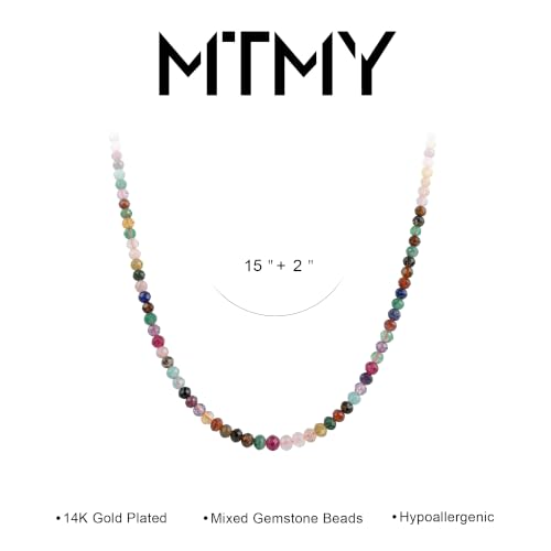 MTMY Beaded Gemstone Choker Necklace for Women | 14K Gold Plated, Colorful Natural Stone, Bead Chain, Boho Summer Beach, Handmade Jewelry - color: Mixed Gemstone