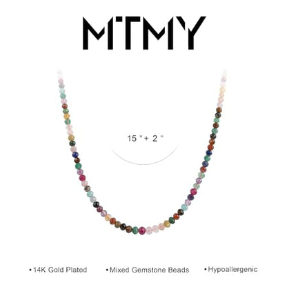 MTMY Beaded Gemstone Choker Necklace for Women | 14K Gold Plated, Colorful Natural Stone, Bead Chain, Boho Summer Beach, Handmade Jewelry - color: Mixed Gemstone