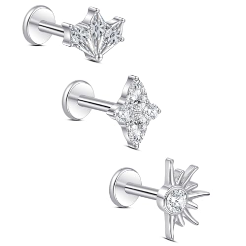 limerencia Titanium Internally Threaded Flat Back Earrings, 3 Pcs Implant Grade Hypoallergenic Studs, 18G Tragus Helix Conch Cartilage Piercing Jewelry for Sensitive Ears Women Men, Gold/Silver - color: Silver-Vibe D