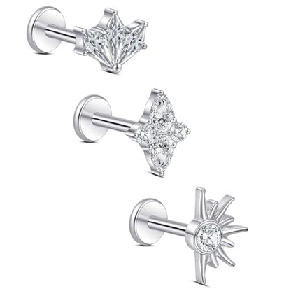 limerencia Titanium Internally Threaded Flat Back Earrings, 3 Pcs Implant Grade Hypoallergenic Studs, 18G Tragus Helix Conch Cartilage Piercing Jewelry for Sensitive Ears Women Men, Gold/Silver - color: Silver-Vibe D