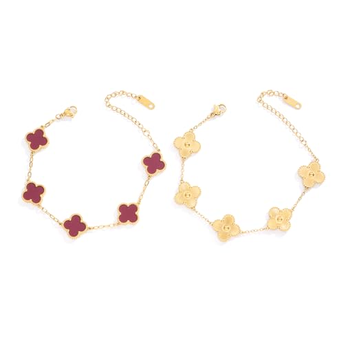 Waterproof Four-Leaf Clover Bracelet,Adjustable Link Double Sided Jewelry, Lovely Fashion Jewelry Gift for Women - color: Gold Bracelet + Red Bracelet