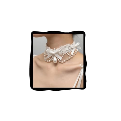 Lace Choker Necklace for Women White Lace Tassel Pendant Choker Necklaces Vintage Boho Collar Necklaces Statement Artistic Palace Princess Chain Necklace Pearl - color: White Bow