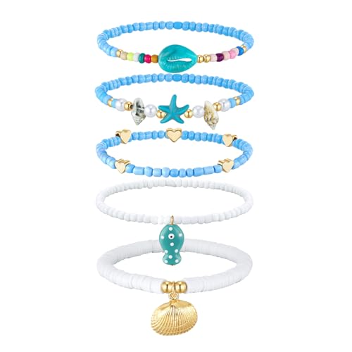 Cicy Bell Boho Ankle Bracelets Set for Women Beach Jewelry Bead Anklets | Hawaiian Shell Starfish Charm,Adjustable,Waterproof Non Tarnish,Summer Vacation Foot Jewelry - color: Gold E