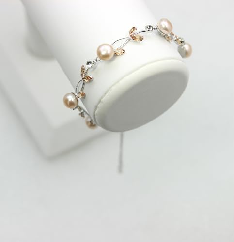 Faship Genuine Freshwater Pearls Floral Necklace Earrings Set | Premium CZ Crystal, Gorgeous, Sparkling - color: Brown / Silver-tone / Matching Bracelet