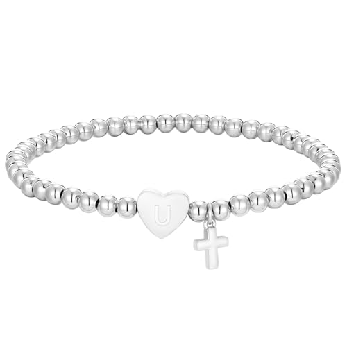 Initial Cross Gold Bracelets for Women Christian Beads Jewelry for Girls | 14K Gold Plated Letter Bracelet, Stretch Elastic Baptism Religion Christian Gifts for Women Teen - color: Silver-U