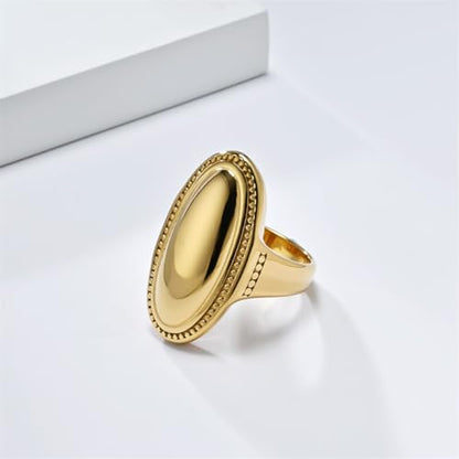 HIJONES Women's Stainless Steel Oval Checker Groove Rugby Ball Groove Dome Signet Ring Wedding Jewellery - color: Gold