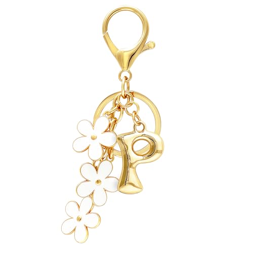 Floral Series Initial Bag Charm, Cute Flower & Bubble Letter Purse Charms, Keychain Accessories Gift for Women - color: White Flower, style: P