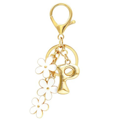 Floral Series Initial Bag Charm, Cute Flower & Bubble Letter Purse Charms, Keychain Accessories Gift for Women - color: White Flower, style: P