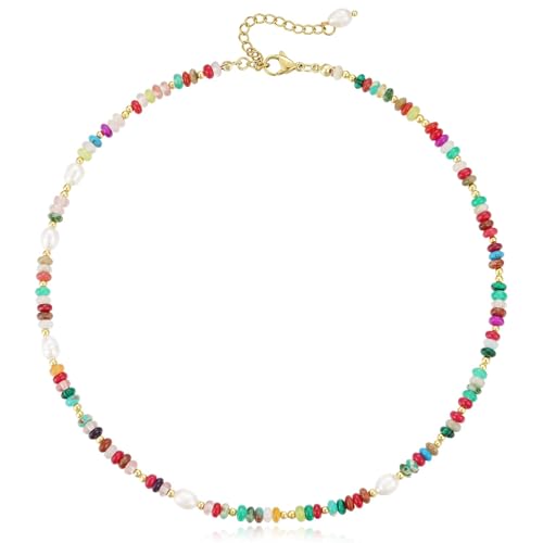 KissYan Beaded Choker Necklace for Women, Colorful Natural Gemstones Pearl Choker 14K Gold Plated Pendant Healing Crystal Necklace Handmade Stone Jewelry Gift | 14K Gold Plated Pendant Necklaces, Natural Gemstones Pearl Choker, Healing Crystal Chain, Hand