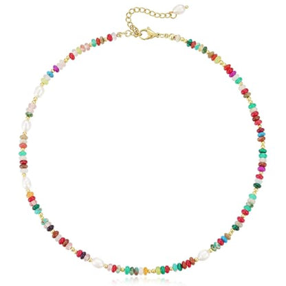KissYan Beaded Choker Necklace for Women, Colorful Natural Gemstones Pearl Choker 14K Gold Plated Pendant Healing Crystal Necklace Handmade Stone Jewelry Gift | 14K Gold Plated Pendant Necklaces, Natural Gemstones Pearl Choker, Healing Crystal Chain, Hand