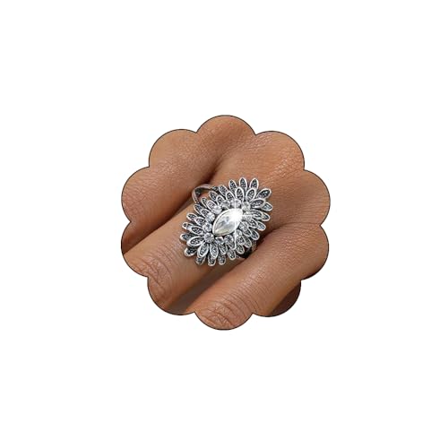Boho Retro Rhinestone Ring Ethnic Big Flower Crystal Finger Ring Trendy Statement Tribal Indian Dance Costume Ring Jewelry for Women - color: Silver