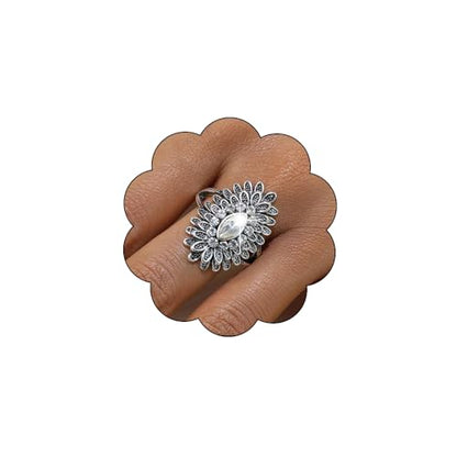 Boho Retro Rhinestone Ring Ethnic Big Flower Crystal Finger Ring Trendy Statement Tribal Indian Dance Costume Ring Jewelry for Women - color: Silver