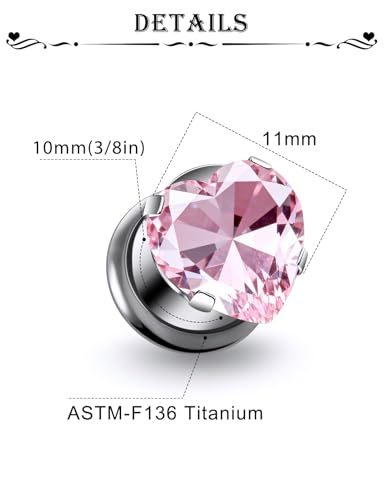 Astm F136 Titanium Heart CZ Ear Gauges Screw Fit Flesh Tunnels Plugs Gauges Earring Expander Stretcher Ear Tunnels For Ears 10G 8G 6G 4G 2G 0G 00G Plug Earrings Piercing Jewelry For Women Men - color: 00G Gauges,Pink CZ