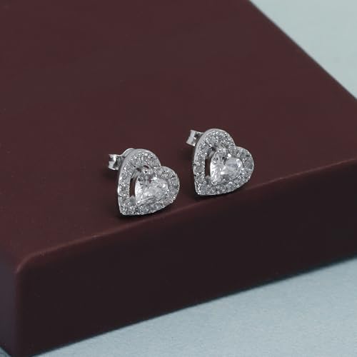 LeCalla 925 Sterling Silver CZ Stud Earrings for Women | Cubic Zirconia Halo & Heart Stud Earring | Rhodium-Plated Silver Jewelry for Her Mom Wife - color: Heart Shaped Studs