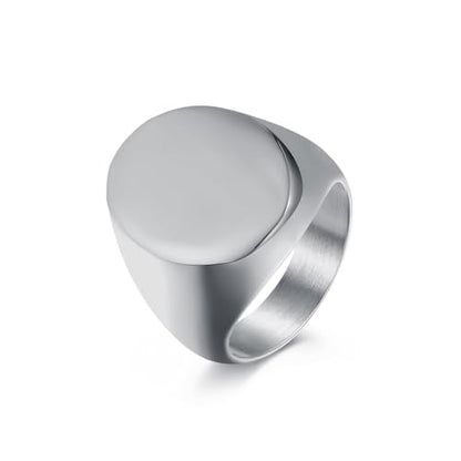 Men's Fashion Stainless Steel Oval Signet Ring Big Wide Solid Biker Band Polished Comfort Fit Silver/Gold/Black - color: Silver