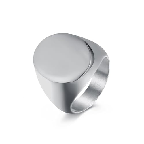 Men's Fashion Stainless Steel Oval Signet Ring Big Wide Solid Biker Band Polished Comfort Fit Silver/Gold/Black - color: Silver