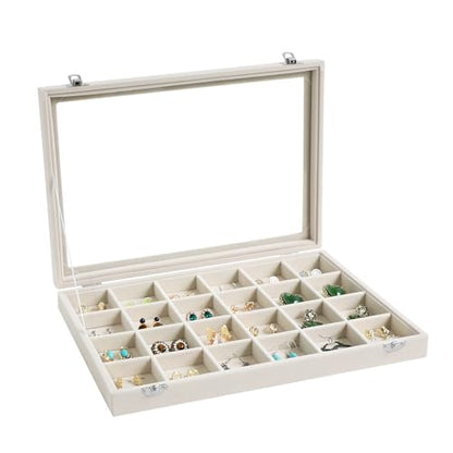 Wudygirl Jewelry Organizer Earring Holder Jewelry Tray with Lid Velvet Jewelry Box Jewelry Display Case Bracelet Earrings Ring Holder for Women Dresser (Beige 24 Grid Jewelry Tray) | 24 Grid Jewelry Organizer for Earrings, Perfect for Home Organization, J