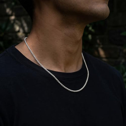 Sterling Silver Chain for Men, 4mm S925 Sterling Silver Over Round Box Chain Necklace for Men Diamond Cut Chains Gifts for Husband Mens Father 18/20/22/24/26 inches