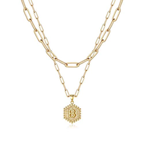 M MOOHAM Dainty Initial Necklaces for Women, 14K-Gold-Plated Layering Necklace for Women Cute Hexagon Letter Initial Necklace Layered Necklaces for Womens Teen Girl Gifts - color: 14K-Gold-Plated, style: B