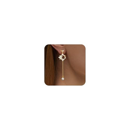Awinesn Clip on Earrings Dangle Pearl Drop Clip Earrings for Women Trendy Dangle Chain Dainty Flower Wedding Earrings for Brides 14K Gold Plated Statement Non Pierced Earrings for Women Sparkly Jewelry - style: fugu-baiflower-g
