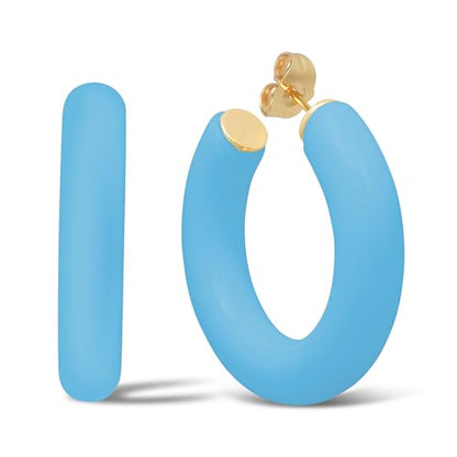Gold Plated Multicolor Resin Chunky Thick Open Hoop Earrings in 57MM and 37.5MM Diameters - color: Blue - Bright - Matte Finish, size: 37.5MM (1.48") Diameter