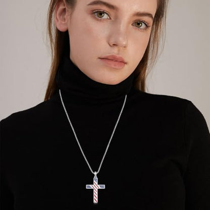 Cross Necklace for Men Women 925 Sterling Silver Cross Pendant Necklace Christian Religious Jewelry Gifts for Anniversary - color: 14-American Flag Cross