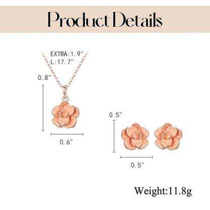 EleQueen Rose Flower Necklace Earrings Bracelet Set for Women - color: Orange-Rose Gold-Tone
