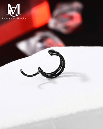 Nose Ring Hoop, 316L Stainless Steel Double Nose Rings, 20G Nose Piercing Jewelry for Women, Clear CZ Helix Cartilage Septum Nose Hoops - color: Black-7mm