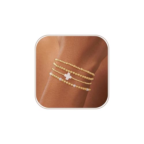 Cuzmly Bracelets for Women, Waterproof 14K Gold/Silver Plated Stackable Bracelets for Women Non Tarnish Trendy Dainty Paperclip Figaro Box Herringbone Hand Chain Bracelet Pack Stack Adjustable Jewelry for Women - style: 4 Beaded Cross