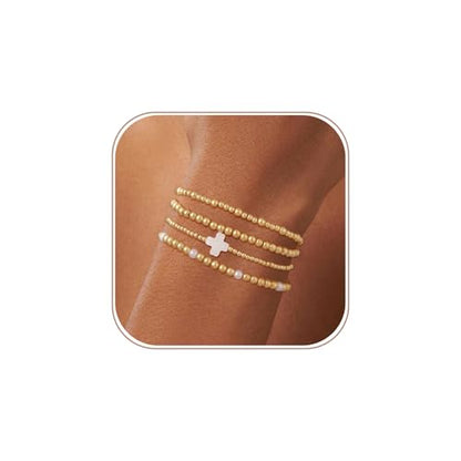Cuzmly Bracelets for Women, Waterproof 14K Gold/Silver Plated Stackable Bracelets for Women Non Tarnish Trendy Dainty Paperclip Figaro Box Herringbone Hand Chain Bracelet Pack Stack Adjustable Jewelry for Women - style: 4 Beaded Cross