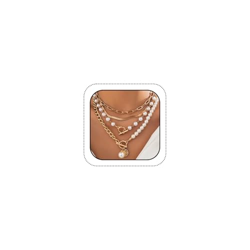 Gold Layered Paperclip OT Buckle Pearl Necklaces for Women Dainty, Vintage MultiLayer Coin Pearls Pendant Snake Chain Choker Necklaces Trendy Jewelry Gift