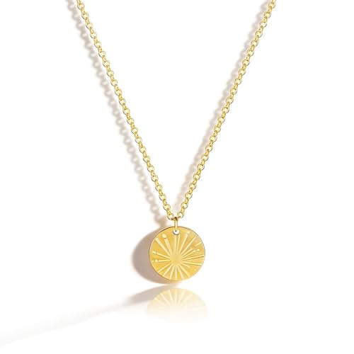 HANLI 14K Gold Plated Necklaces for Women - Dainty Butterfly, Star of David, Moon and Star, Sun, Lotus, Infinity, Hummingbird, Bee,Boots,Chill,Sunflower Pendant Designs - Elegant Jewelry for Women - color: Disk Sun