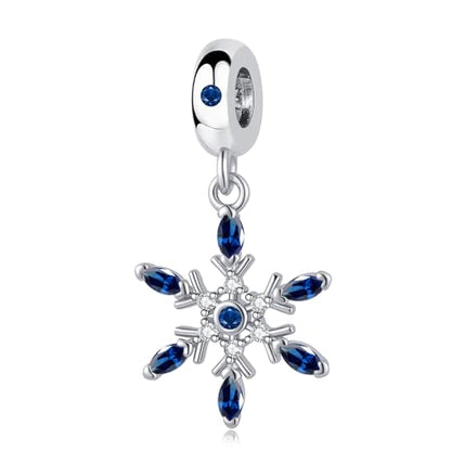 Snowflake Dangle Charm Birthstone Bead Compatible with Pandora Bracelet Women Christmas Gift - color: Deep Bule