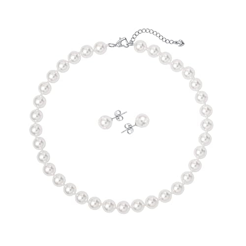 10mm Faux Pearl Necklace & Earrings Set, Elegant Jewelry for Women | Glass material, handmade product, Daily wear, Holiday gift - color: White