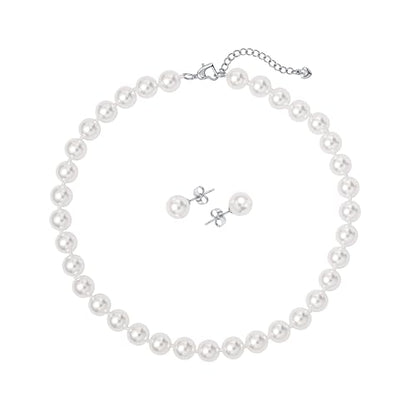 10mm Faux Pearl Necklace & Earrings Set, Elegant Jewelry for Women | Glass material, handmade product, Daily wear, Holiday gift - color: White