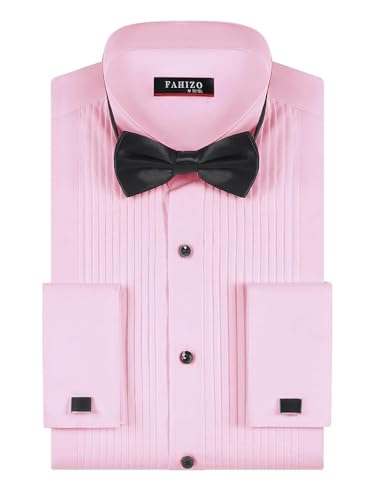 FAHIZO Men's White Tuxedo Shirt with Wing Collar, French Cuffs & Accessories - color: Bow Tie/Pink, size: Small